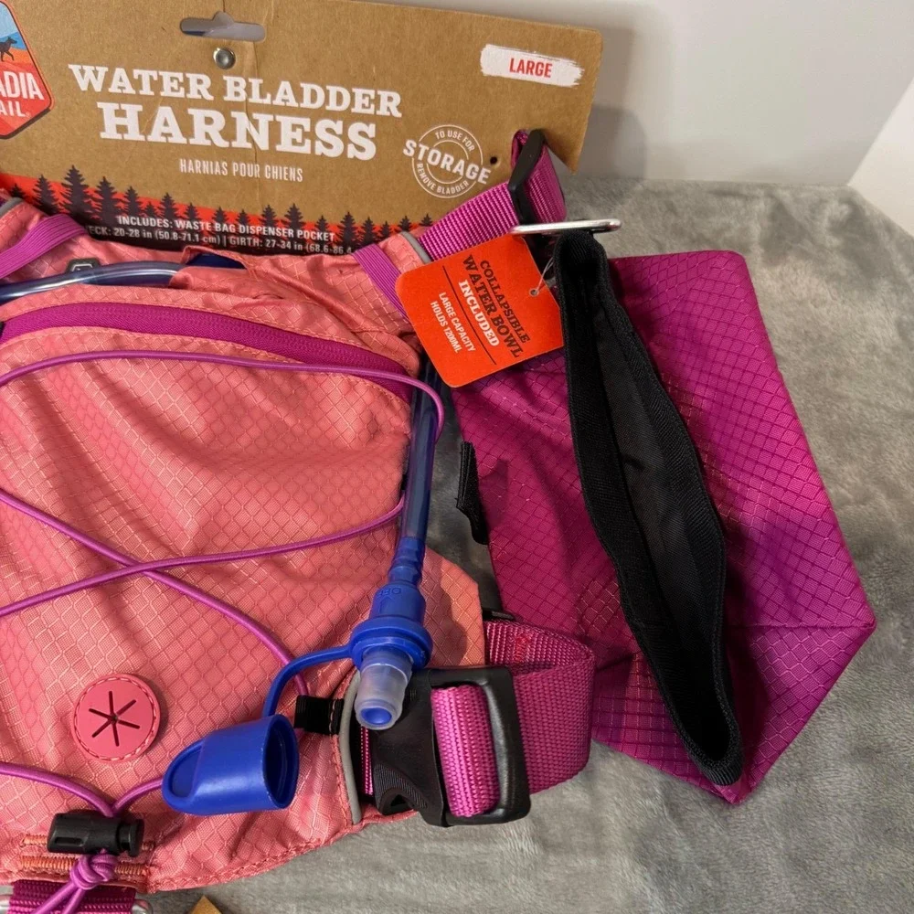 Dog Harness Arcadia Trail Water Bladder Hydration Set Pink Large Bowl New‎